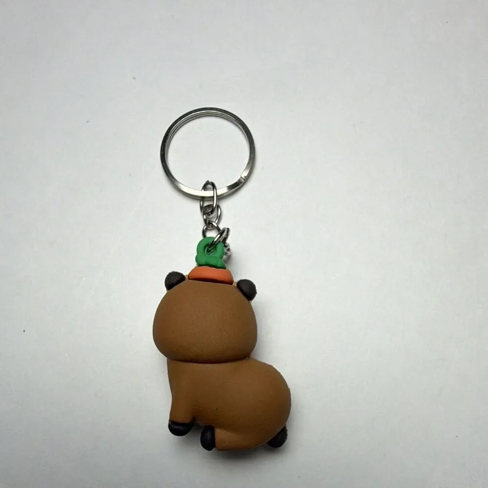 Brown Capybara Bear Animal Keychain Carrot Top Plastic Charm Keyring